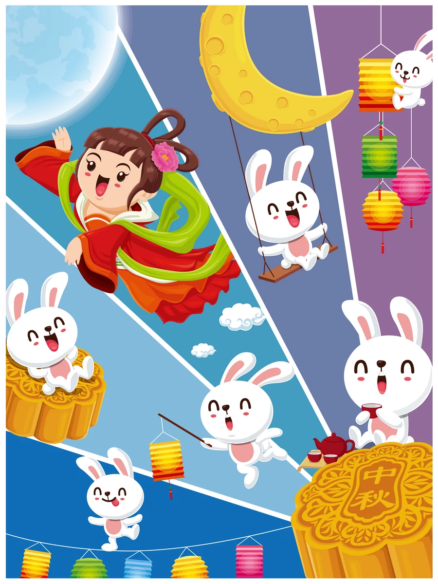 中秋节玉兔嫦娥奔月月饼卡通插画节日节气海报背景AI矢量设计素材【220】